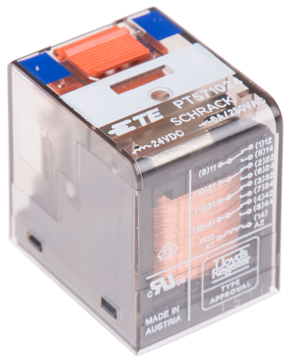 TE Connectivity PCB Mount Power Relay, 24V dc Coil, 6A Switching Current, 4PDT