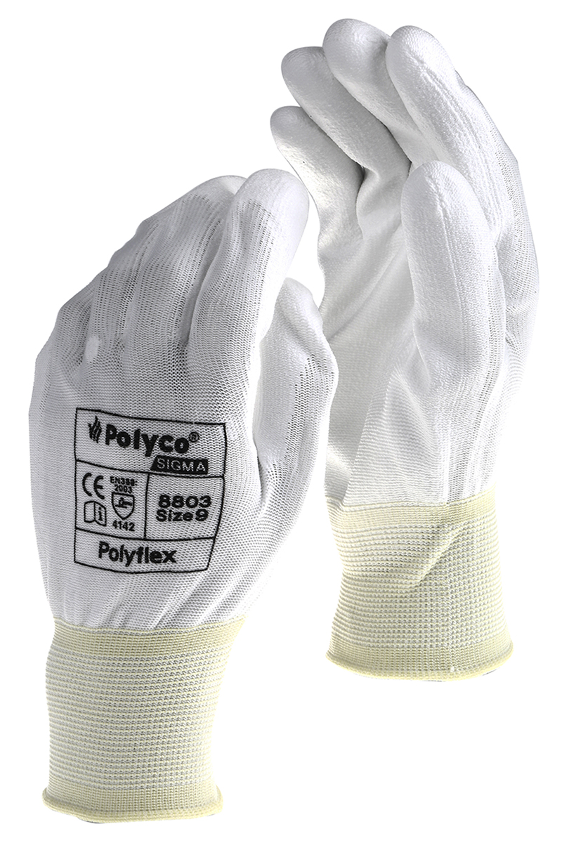 Polyco Healthline Polyflex White Polyurethane Work Gloves, Size 8, Polyurethane Coating