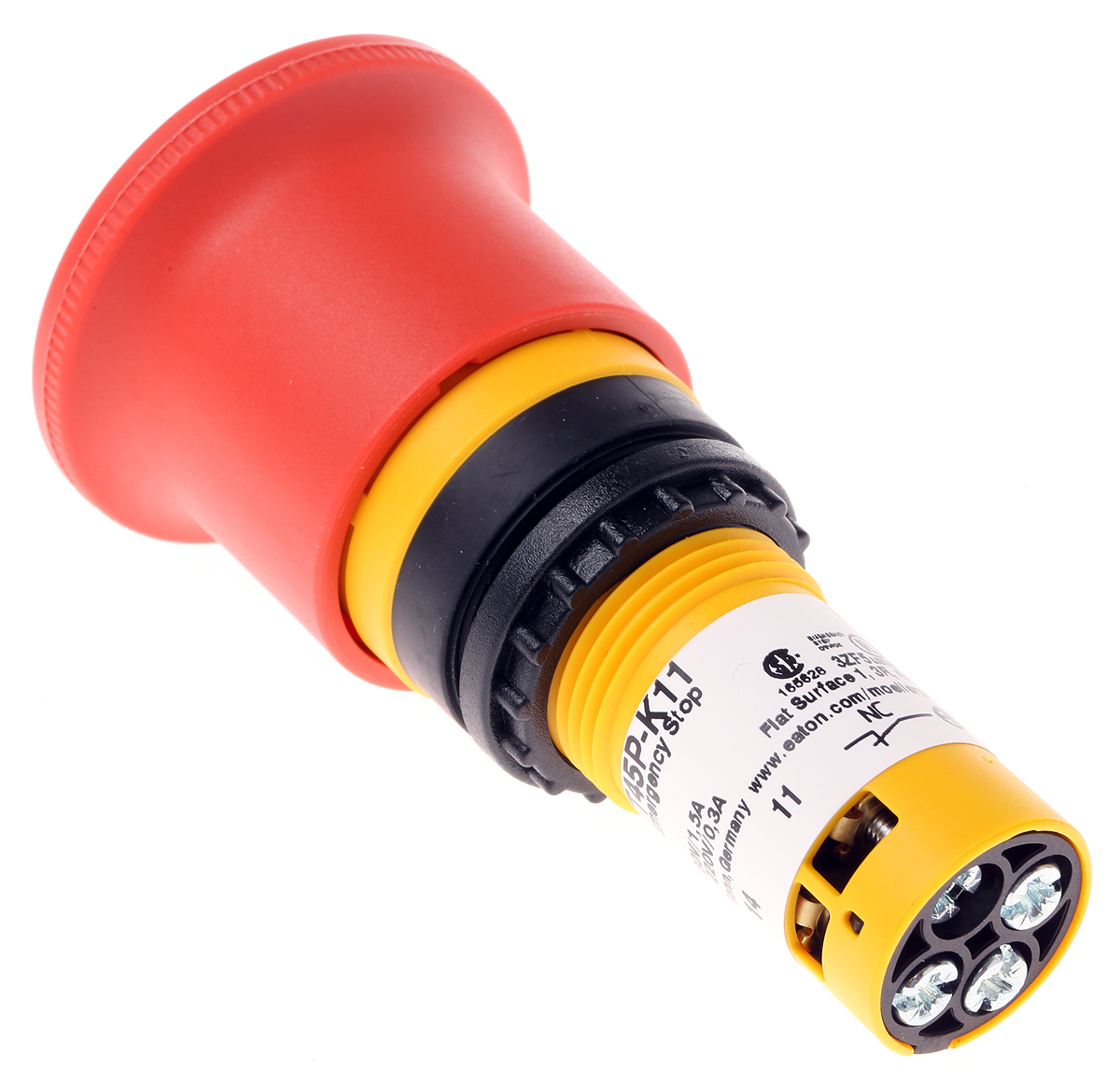 Eaton C22-PVT Series Twist Release Emergency Stop Push Button, Panel Mount, 22mm Cutout, 1 NO + 1 NC, IP66, IP67, IP69