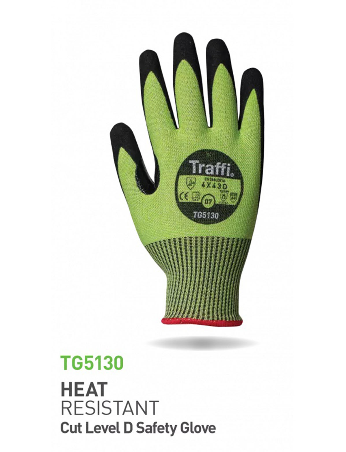 Traffi Green, Black Fibreglass, Elastane, Aramid, Polyester Liquid/Oil Repellent Gloves, Size 7, Cohesion Carbon Coating