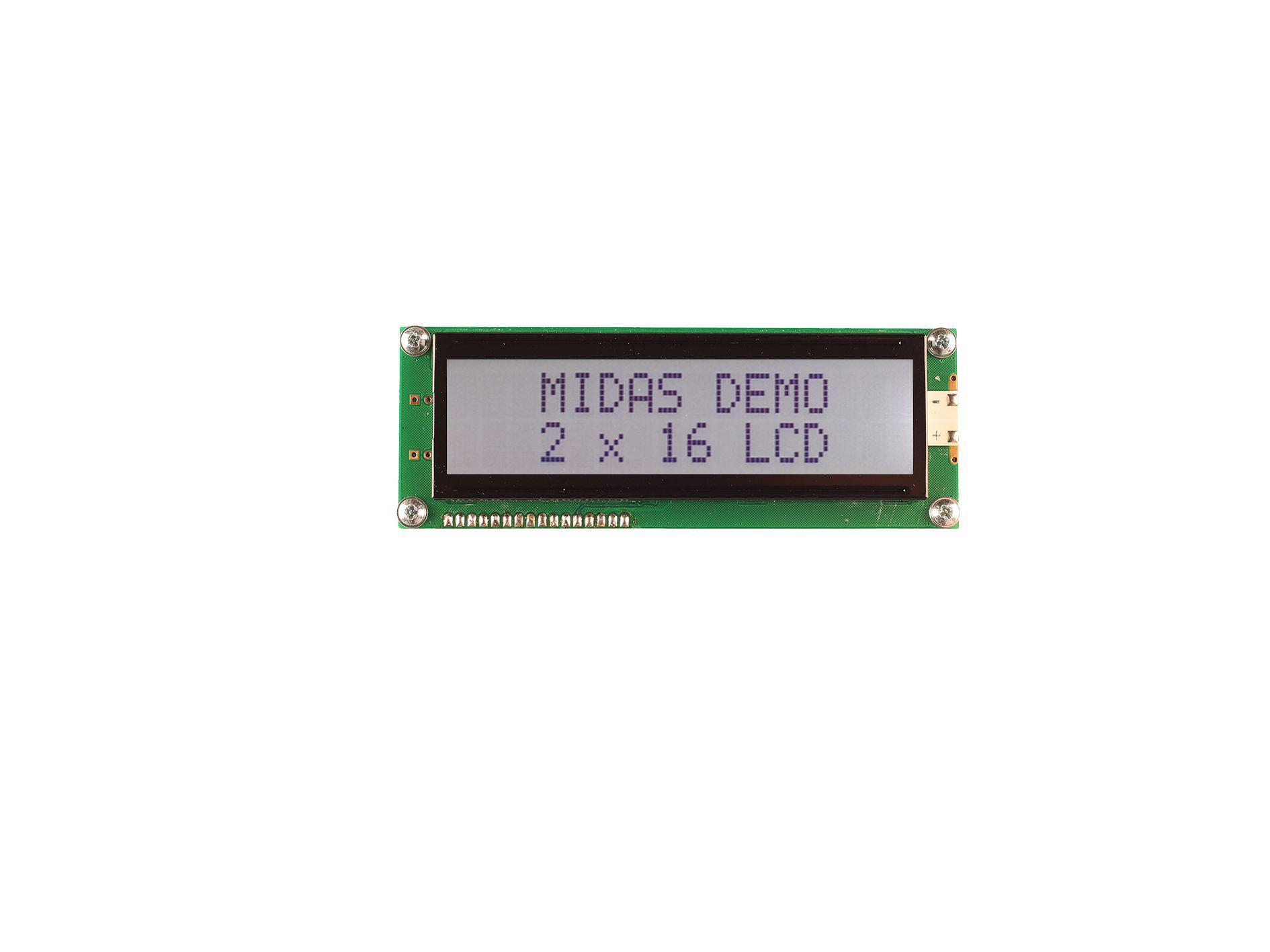 Midas MC21609AB6W-FPTLW3.3-V2 Alphanumeric LCD Display, 2 Rows by 16 Characters