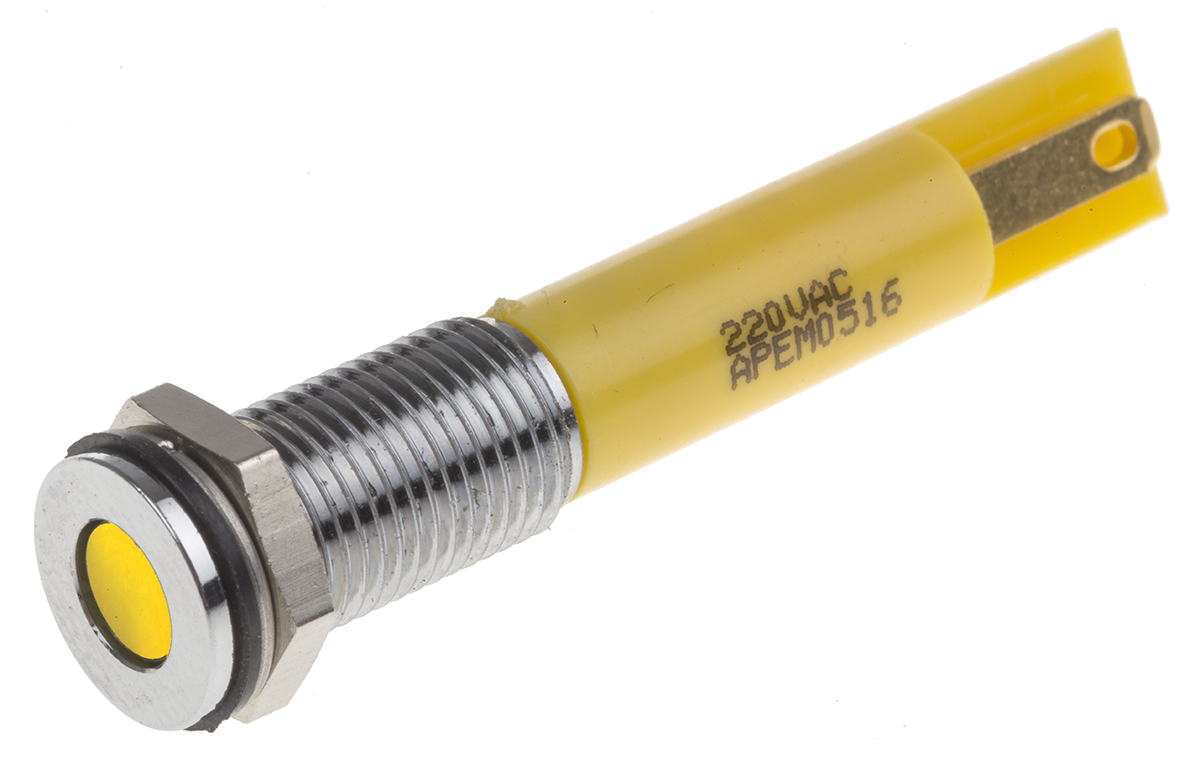 RS PRO Yellow Panel Mount Indicator, 220V ac, 8mm Mounting Hole Size, Faston, Solder Lug Termination, IP67