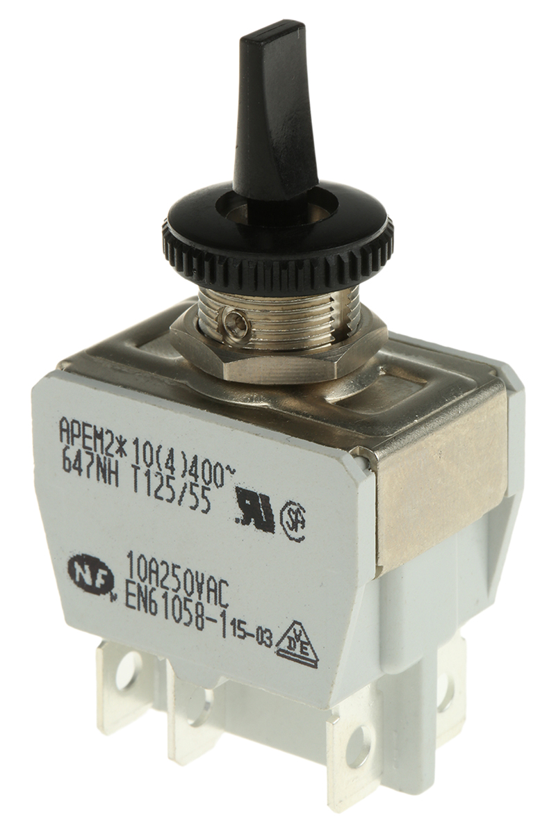 APEM Toggle Switch, Panel Mount, (On)-Off-(On), DPDT, Tab Terminal