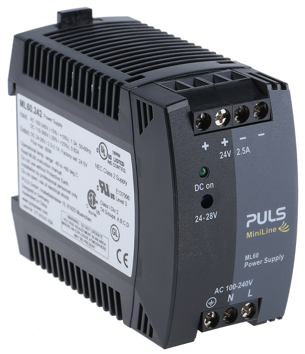 PULS MiniLine MLY Switched Mode DIN Rail Power Supply, 100 → 240V ac ac Input, 24V dc dc Output, 2.5A Output, 60W