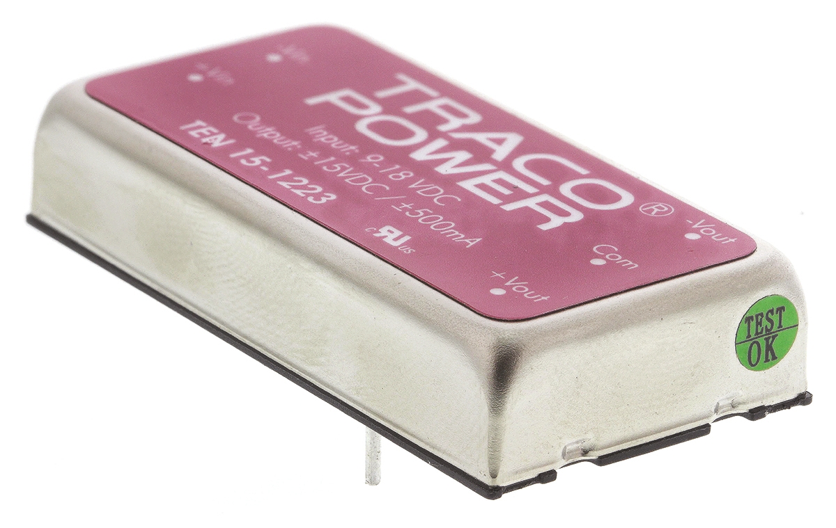 TRACOPOWER TEN 15 DC-DC Converter, ±15V dc/ ±500mA Output, 9 → 18 V dc Input, 15W, Through Hole, +85°C Max Temp