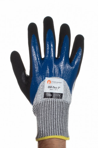 Tornado Oil-Teq Black, Blue 13 Gauge Mixed Cut Fibre Work Gloves, Size 10, Polymer Coating