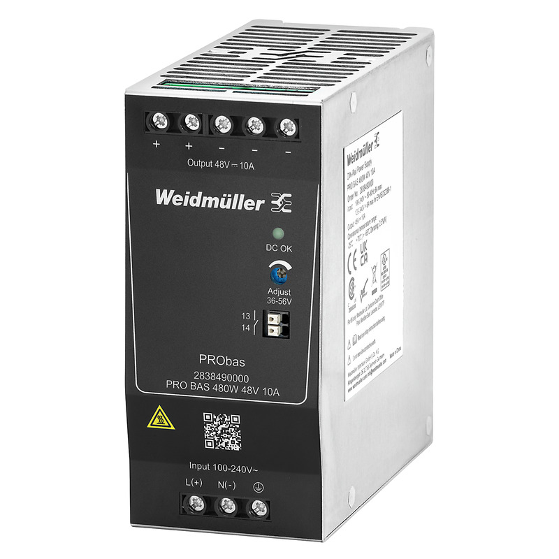 Weidmüller PRO BAS DIN Rail Power Supply, 264V ac ac, dc Input, 48V dc dc Output, 10A Output, 480W