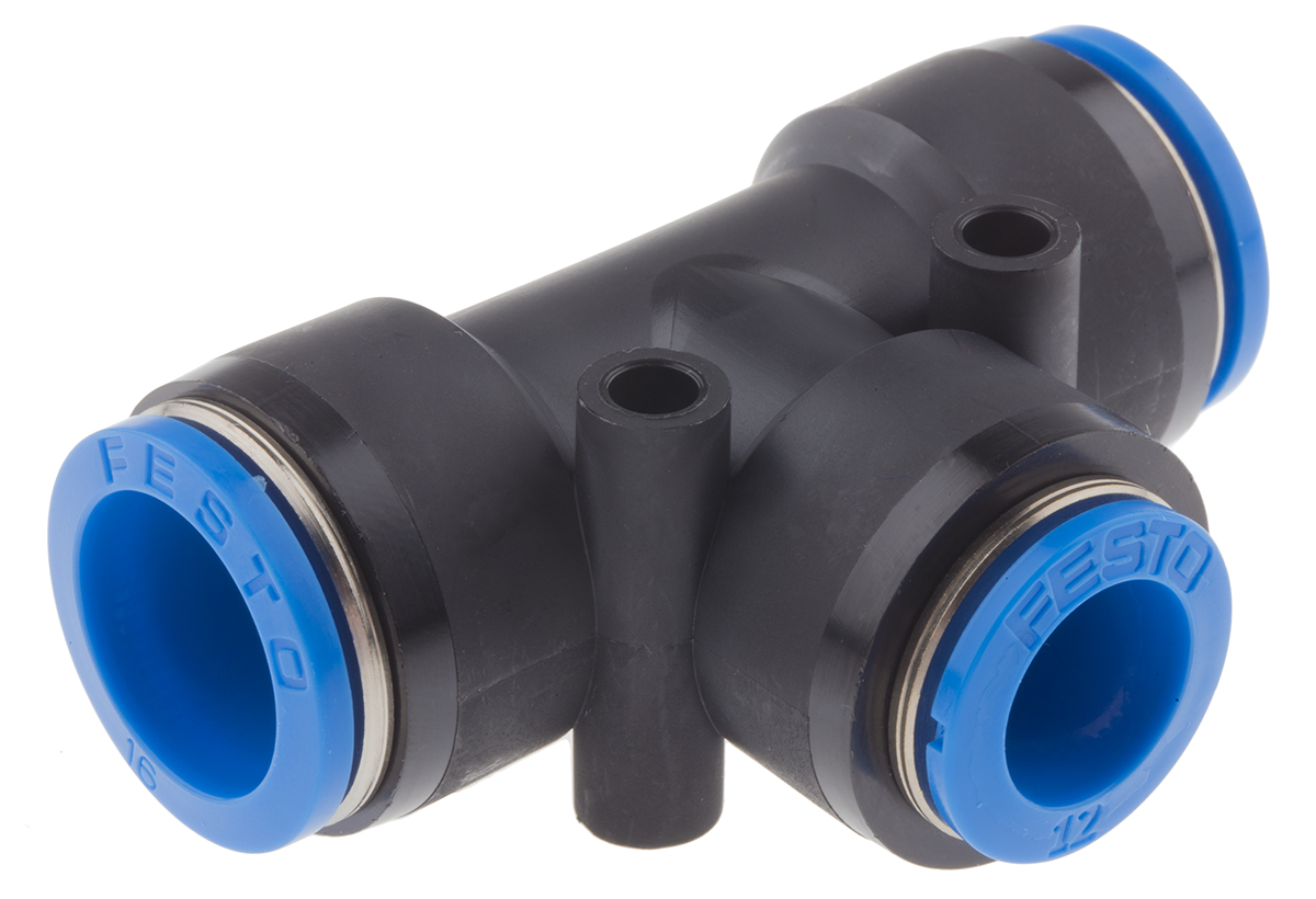 Festo QST Series Tee Tube-to-Tube Adaptor Push In 12 mm, Push In 16 mm to Push In 16 mm, Tube-to-Tube Connection Style,