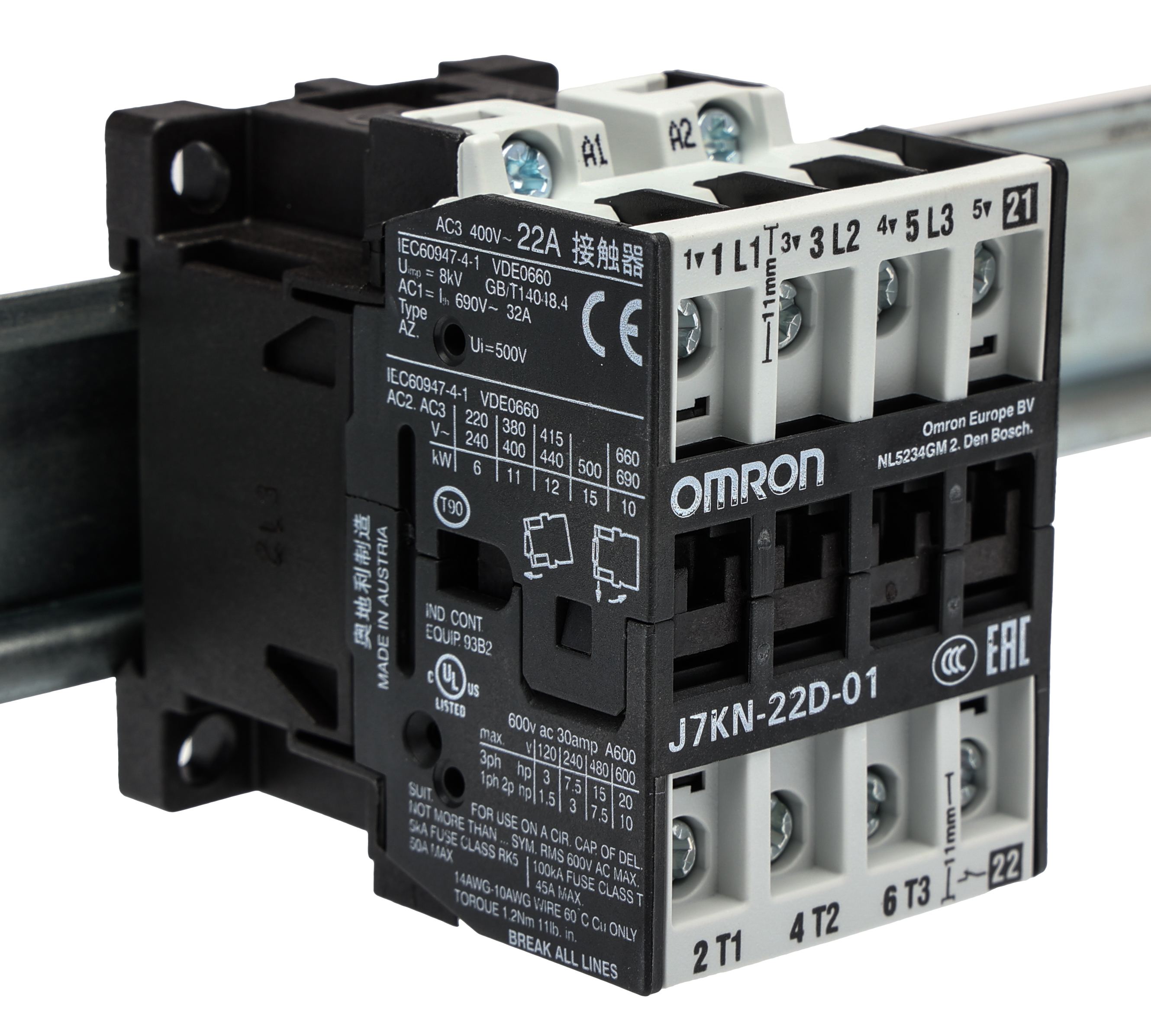 Omron J7KN Series J7KN Contactor, 24 V Coil, 3-Pole, 22 A, 12 kW, 1NC