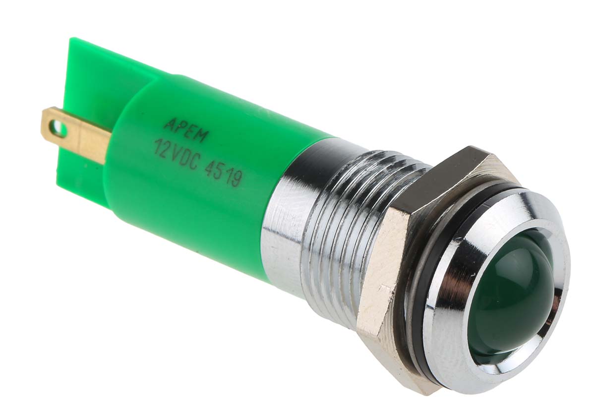 RS PRO Green Panel Mount Indicator, 12V, 14mm Mounting Hole Size, IP67
