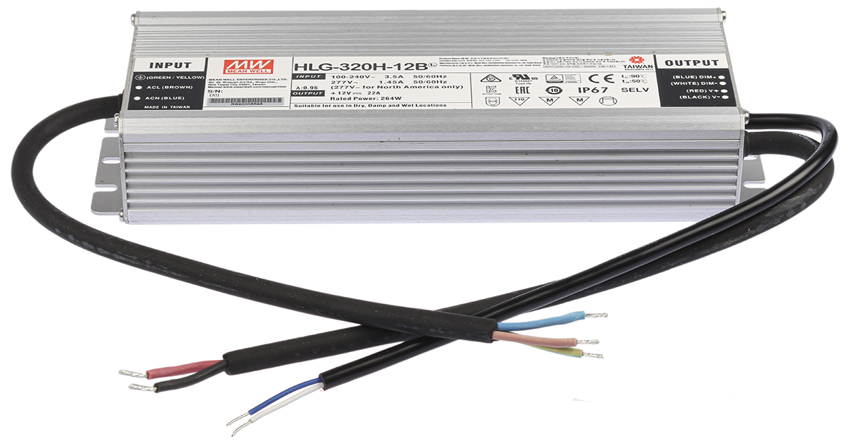 MEAN WELL LED Driver, 12V Output, 264W Output, 22A Output, Constant Voltage Dimmable