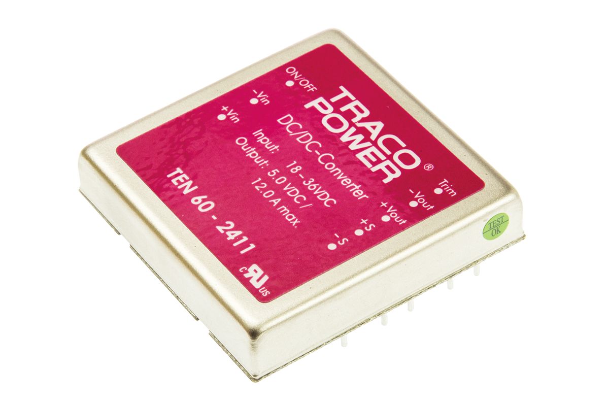 TRACOPOWER TEN 60 DC-DC Converter, 5V dc/ 12A Output, 18 → 36 V dc Input, 60W, Through Hole, +85°C Max Temp