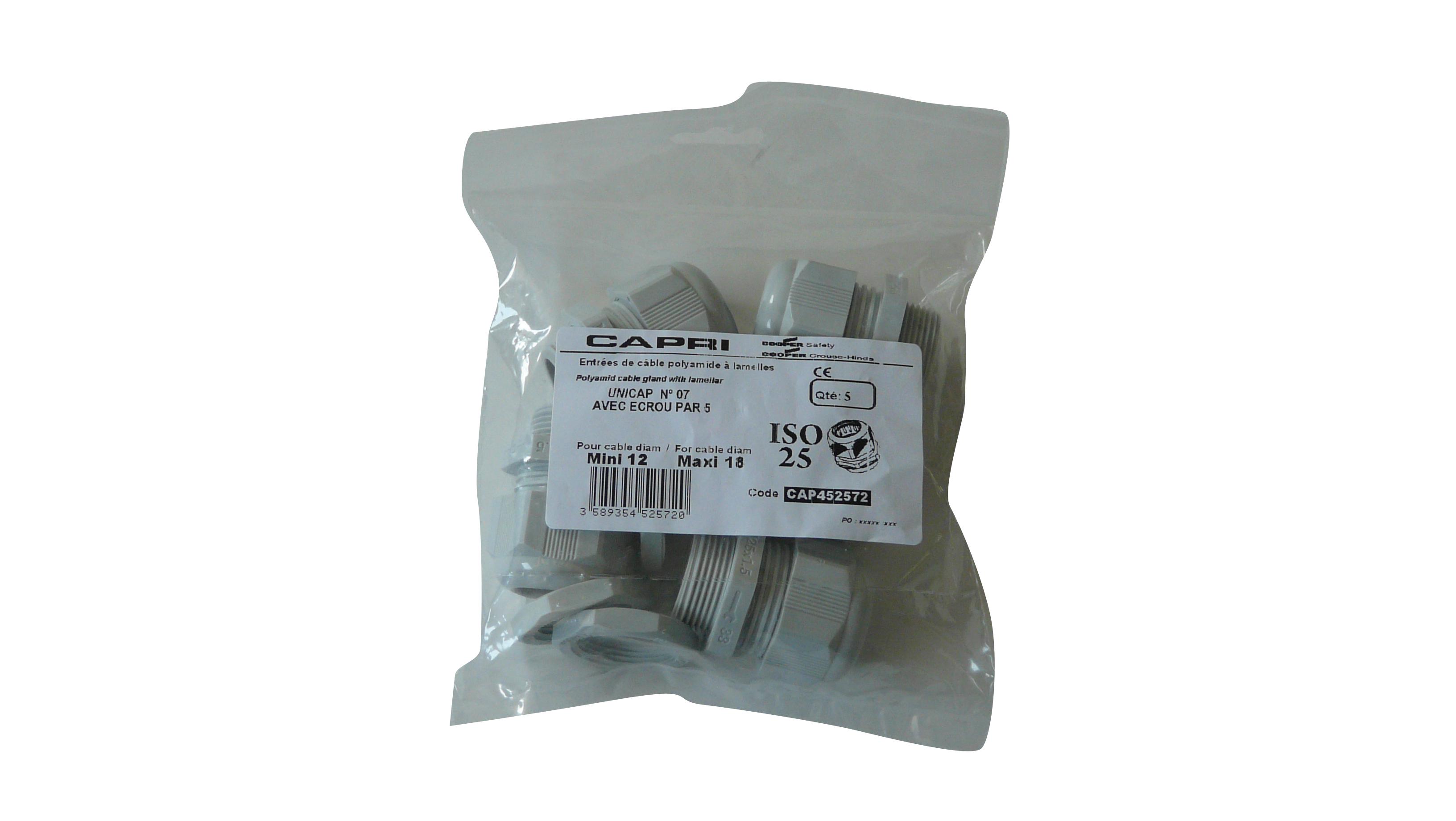 Capri UNICAP Series Grey Polyamide Cable Gland, M12 Thread, 3mm min., 6.5mm max., IP68