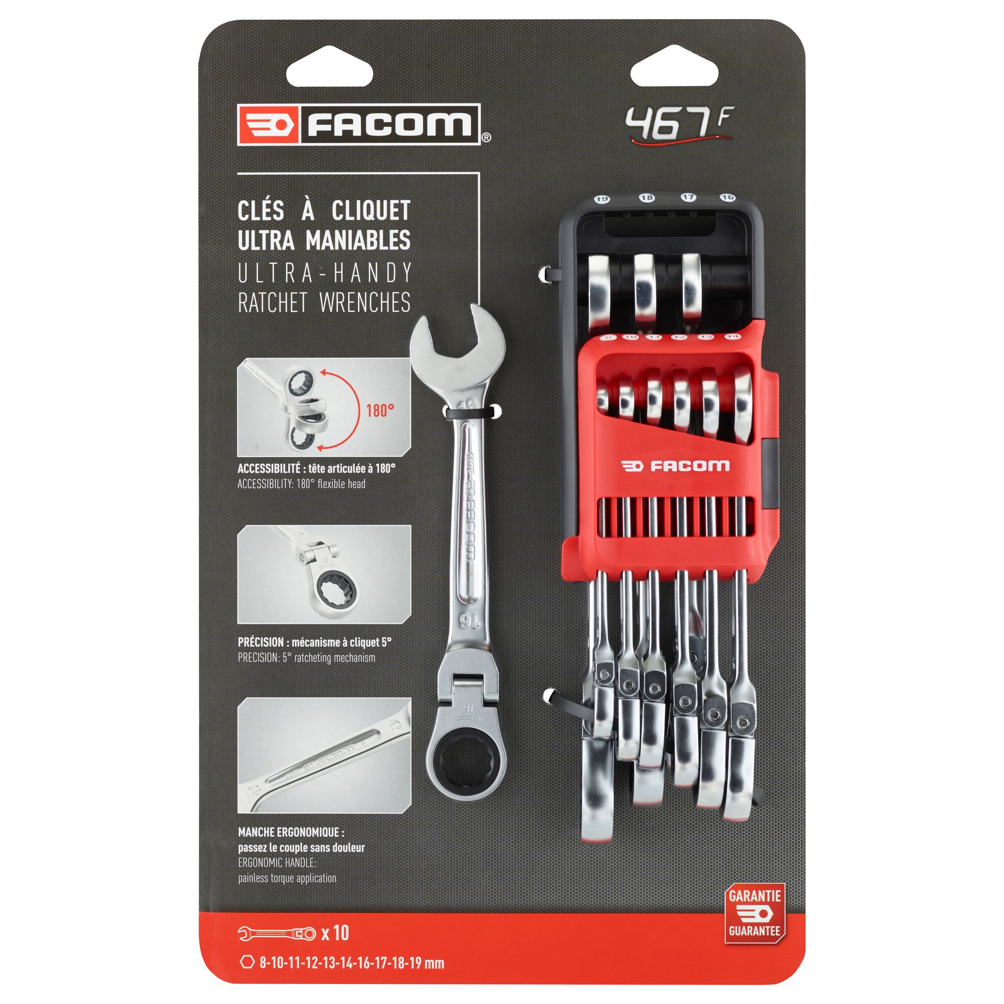 Facom 467BF Series 10-Piece Spanner Set, 8 → 19 mm, Chrome Vanadium Steel