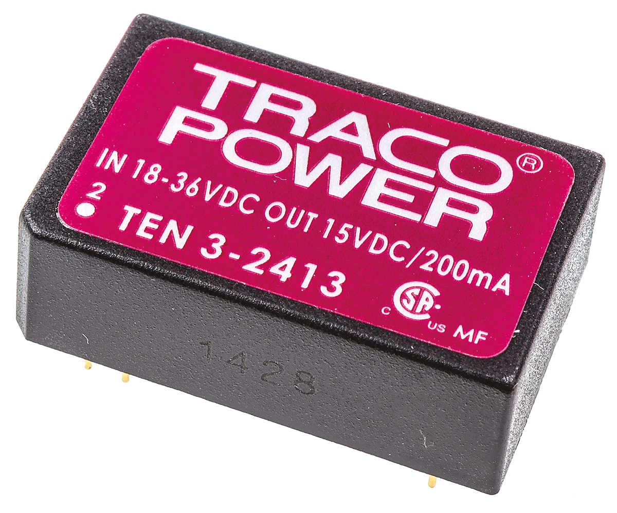 TRACOPOWER TEN 3 DC-DC Converter, 15V dc/ 200mA Output, 18 → 36 V dc Input, 3W, Through Hole, +85°C Max Temp