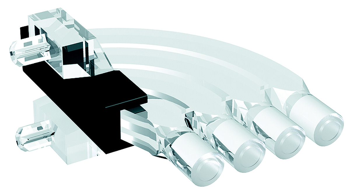 1276.2004 MENTOR, PCB Mounted 4-Way Right Angle LED Light Pipe, Quad-Level-Row Clear Dome Lens