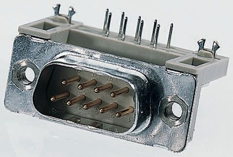Provertha TMC 15 Way Right Angle Through Hole D-sub Connector Plug, 2.84mm Pitch, with 4-40 UNC inserts, Ground Clip