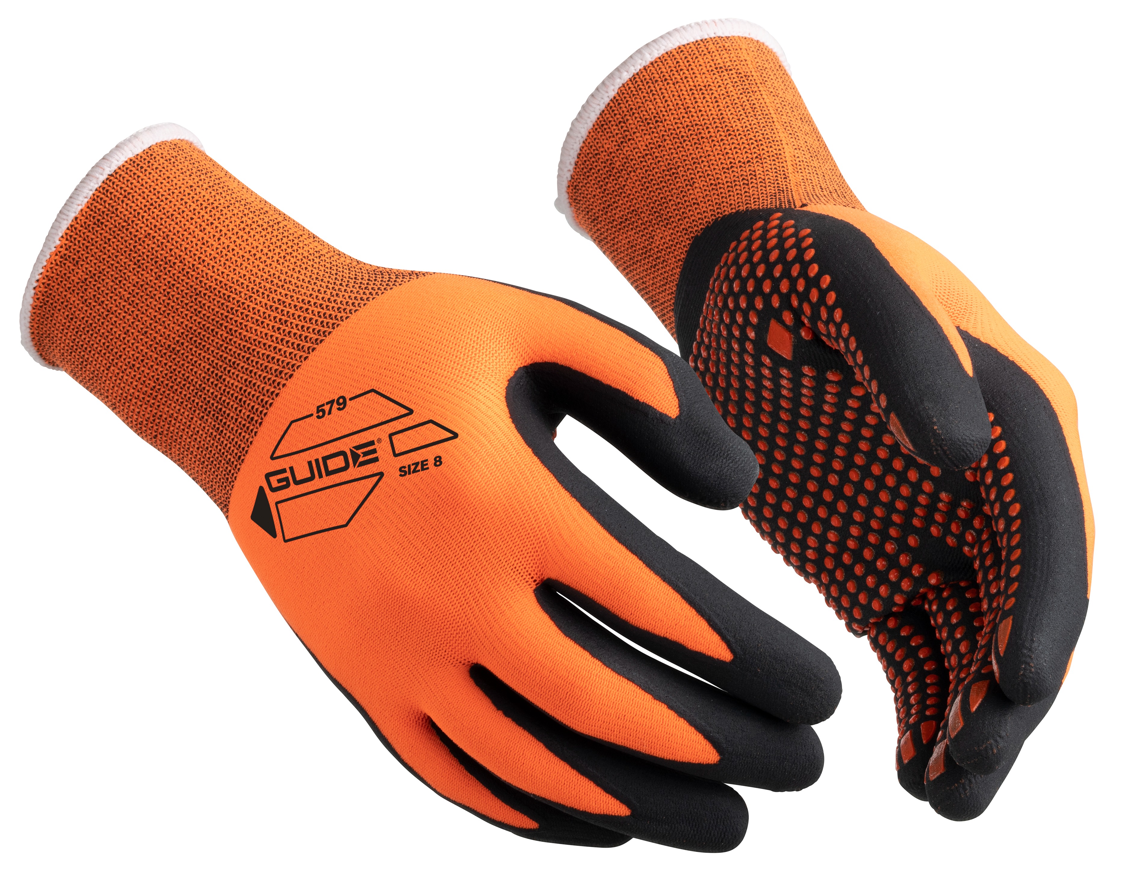 GUIDE GLOVES GUIDE 579 Black, Orange Elastane, Nitrile, Nylon Work Gloves, Size 11, Nitrile Coating
