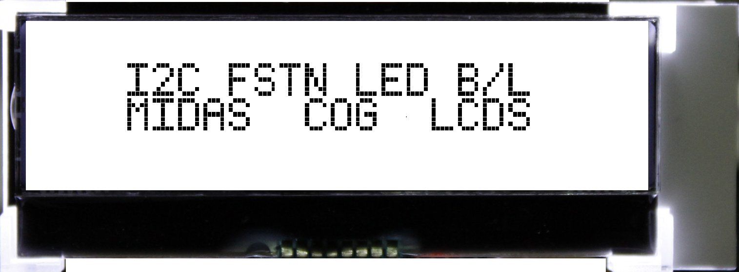 Midas MCCOG21605D6W-FPTLWI Alphanumeric LCD Display, Black on White, 2 Rows by 16 Characters, Transflective