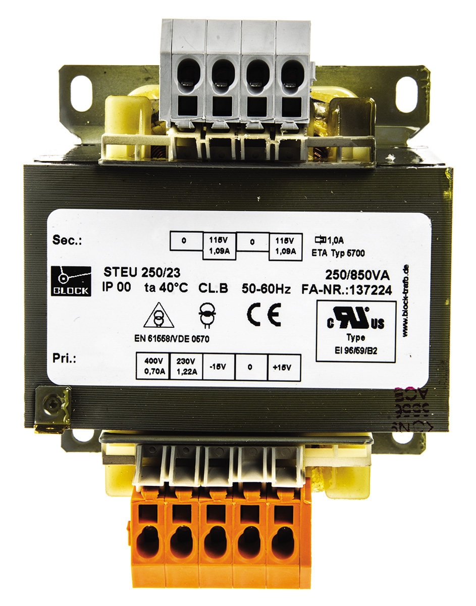 Block 250VA 2 Output Chassis Mounting Transformer, 2 x 115V ac