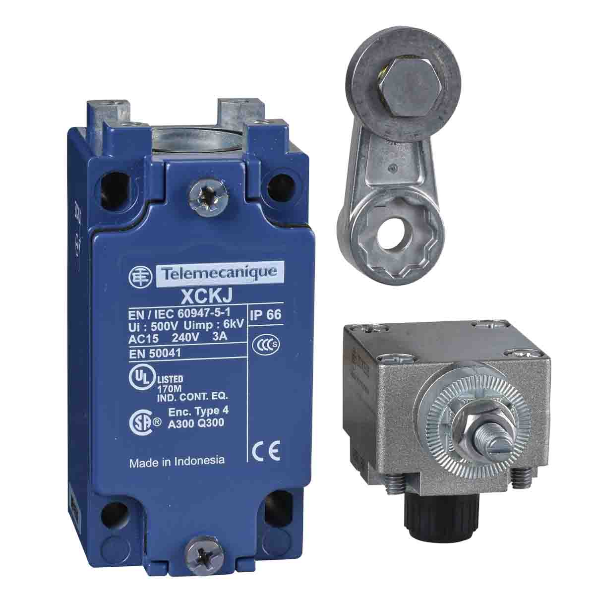 Telemecanique Sensors XCKJ Series Roller Lever Limit Switch, 1NC/1NO, IP66, DPST, Zinc Alloy Housing, 50V ac Max, 3A Max