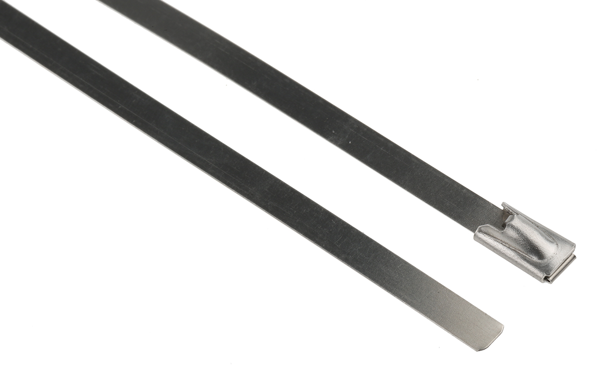 RS PRO Cable Tie, Roller Ball, 200mm x 4.6 mm, Silver Stainless Steel, Pk-100