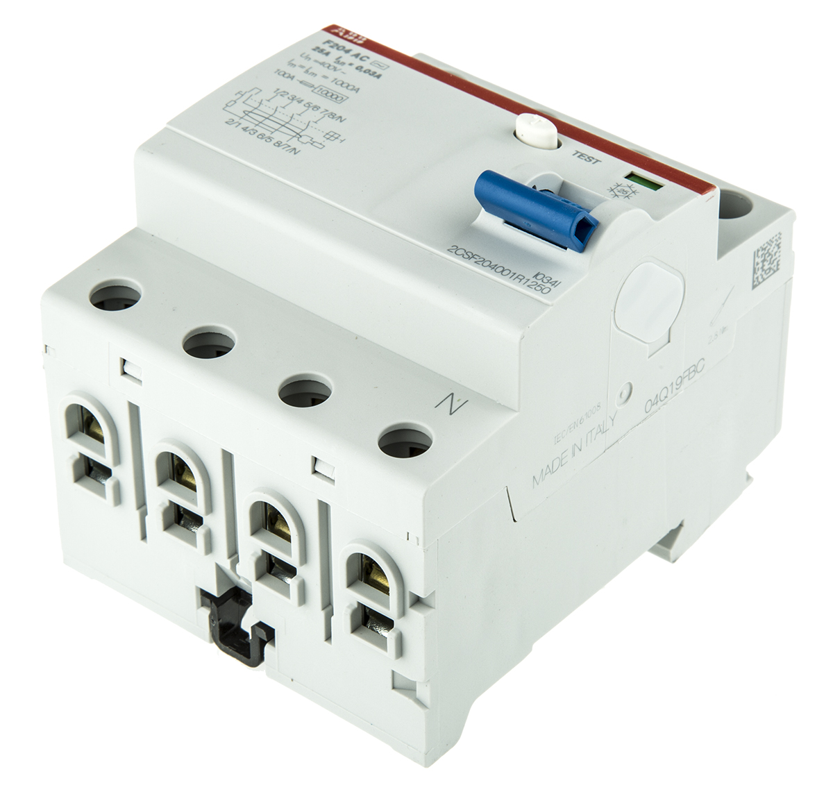 ABB F200 RCCB, 25A, 4 Pole, 30mA, Type AC