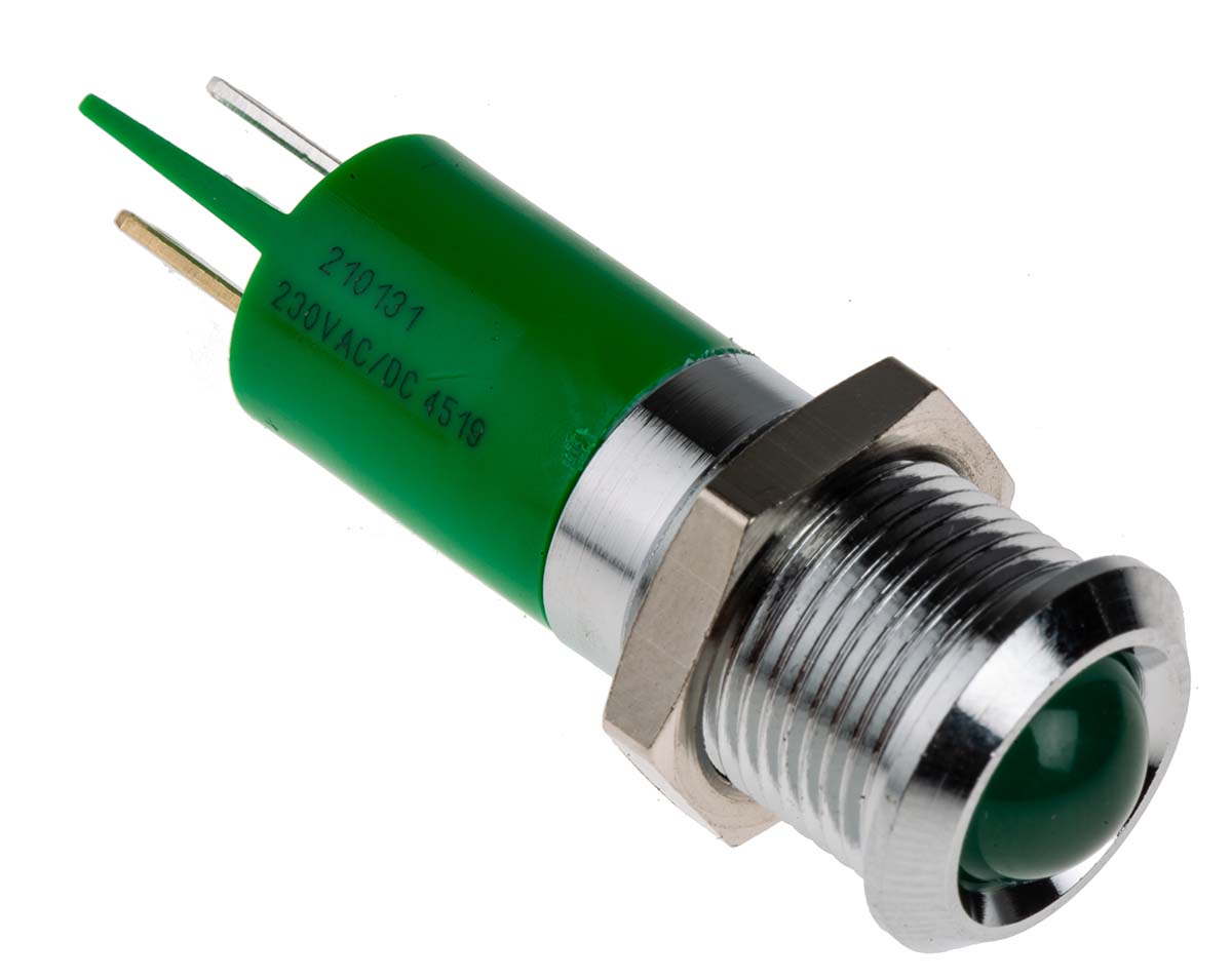 RS PRO Green Panel Mount Indicator, 230V ac, 14mm Mounting Hole Size, IP67