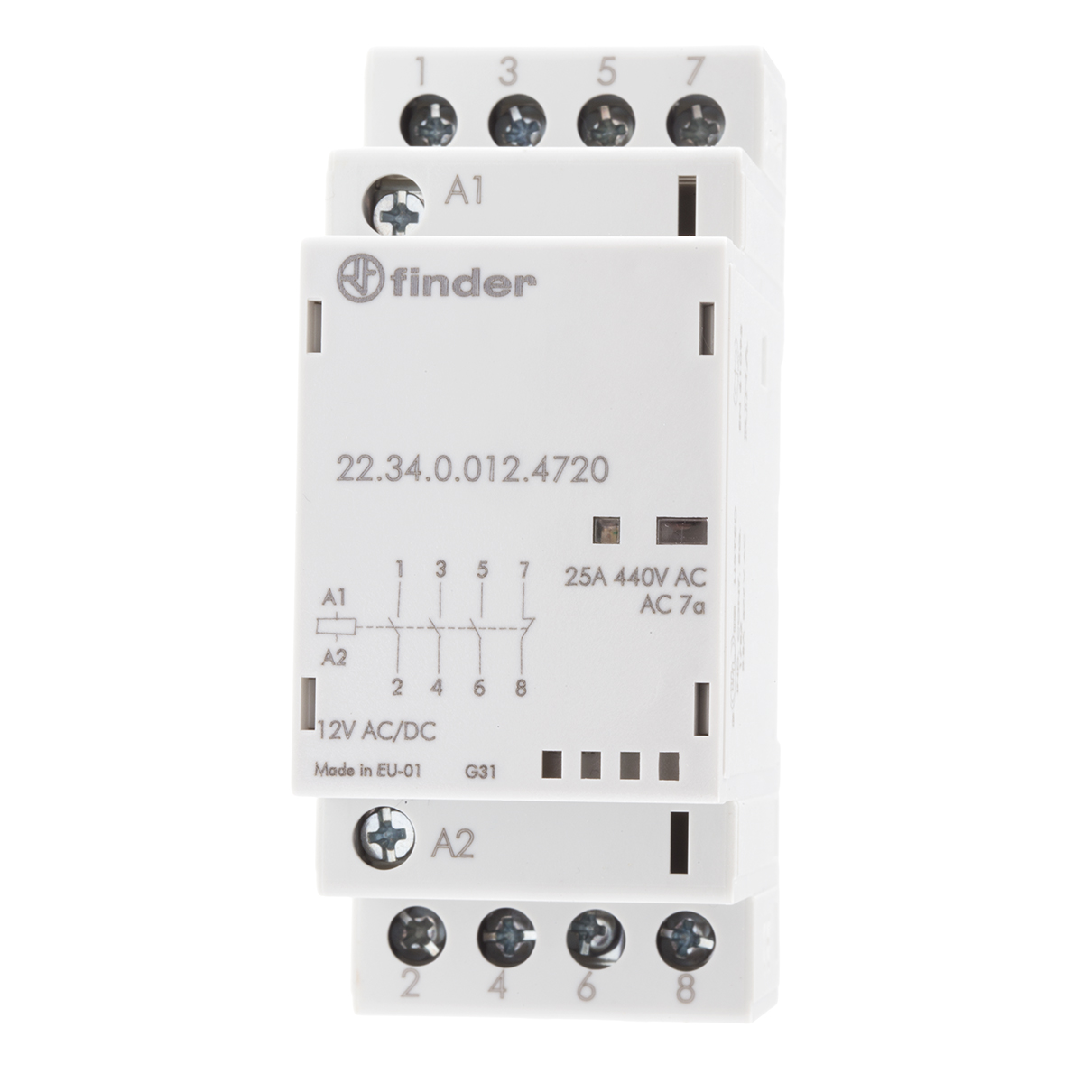 Finder 22 Contactor, 12 V dc Coil, 4-Pole, 25 A, 4 kW 12 V, 3 NO/1 NC, 250 V dc, 440V ac