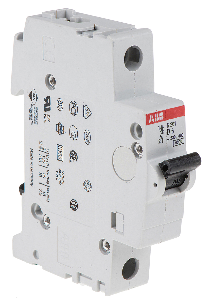 ABB System Pro M Compact S200 MCB, 1P, 6A Curve D, 253V AC, 72V DC, 6 kA Breaking Capacity