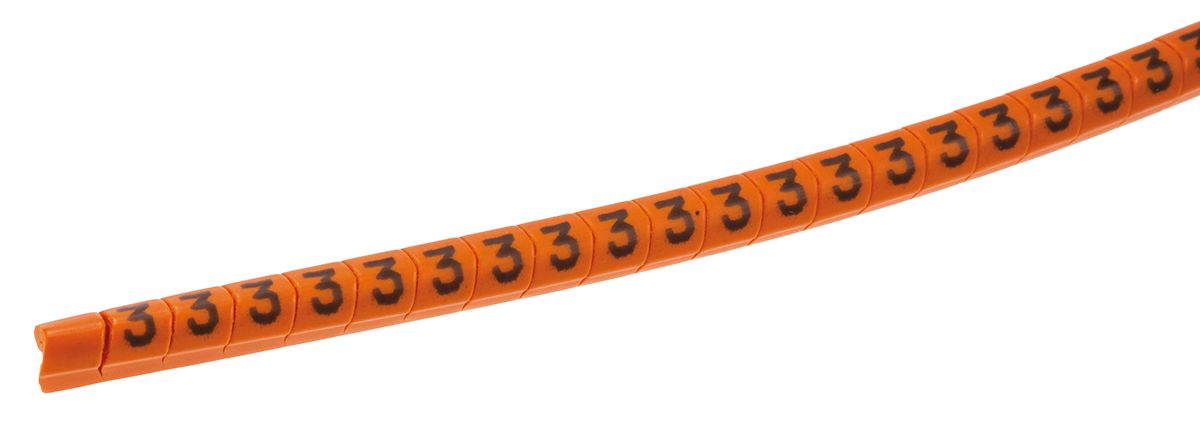HellermannTyton Helagrip Slide On Cable Markers, Black on Orange, Pre-printed "3", 2 → 5mm Cable, 515-03948