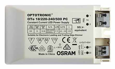 Osram LED Driver, 18 → 36V Output, 18W Output, 500mA Output, Constant Current Dimmable