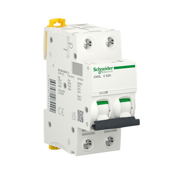 Schneider Electric Acti9 A9F MCB, 2P, 63A Curve C, 440V AC, 125V DC, 10 kA Breaking Capacity