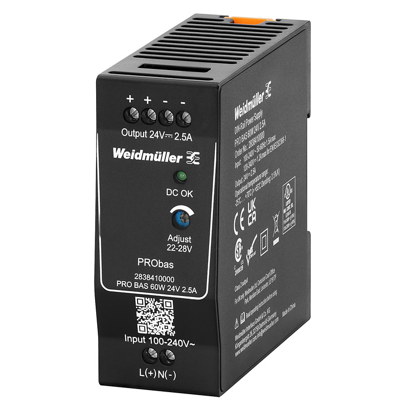 Weidmüller PRO BAS DIN Rail Power Supply, 264V ac ac, dc Input, 24V dc dc Output, 2.5A Output, 60W