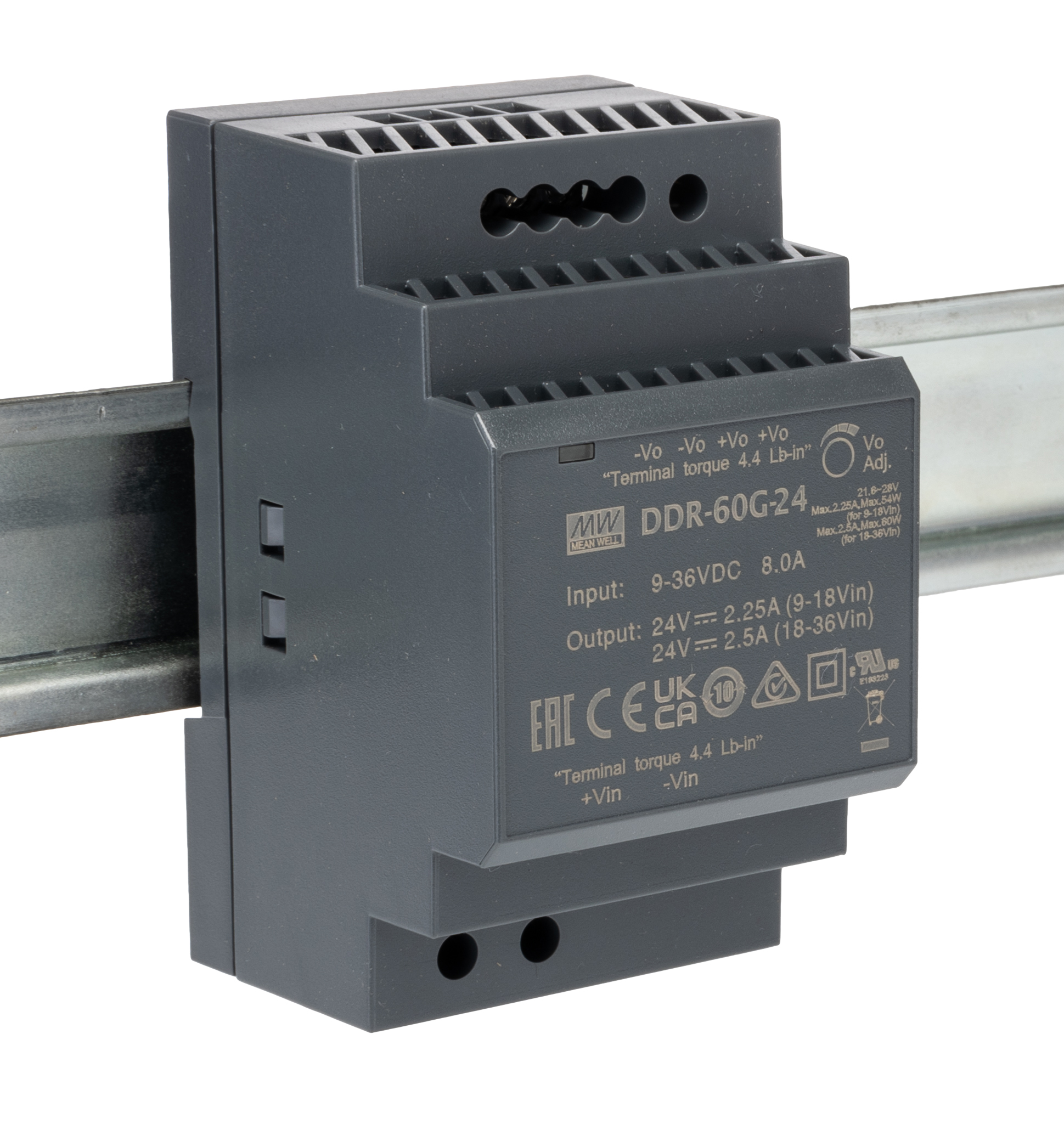 MEAN WELL DDR-60 DC-DC Converter, 24V dc/ 2.5A Output, 60W, DIN Rail Mount, +85°C Max Temp -40°C Min Temp