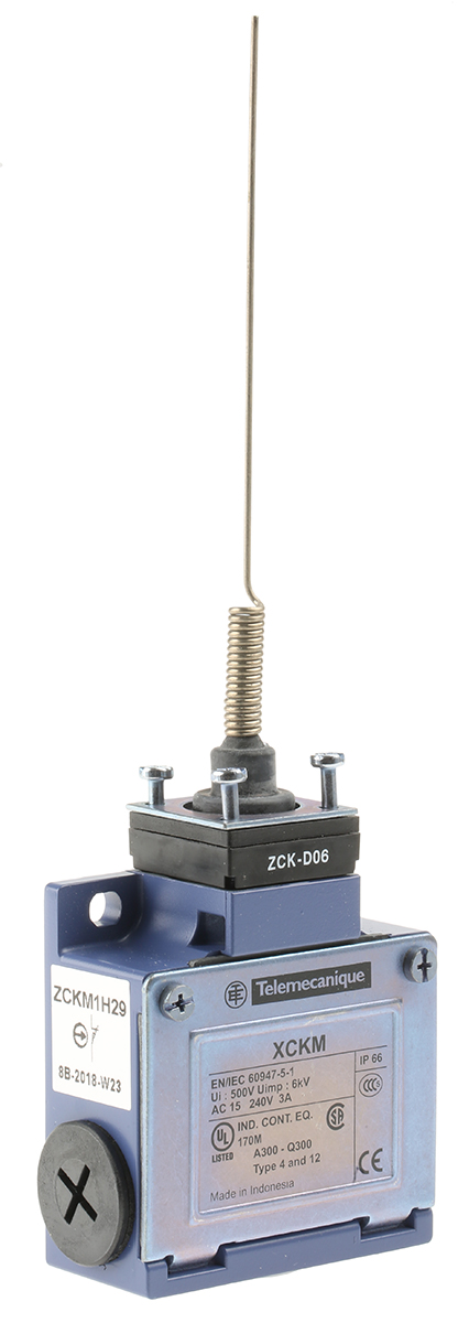 Telemecanique Sensors XCKM Series Cats Whisker Limit Switch, NO/NC, IP66, DP, Zinc Alloy Housing, 240V ac Max, 10A Max