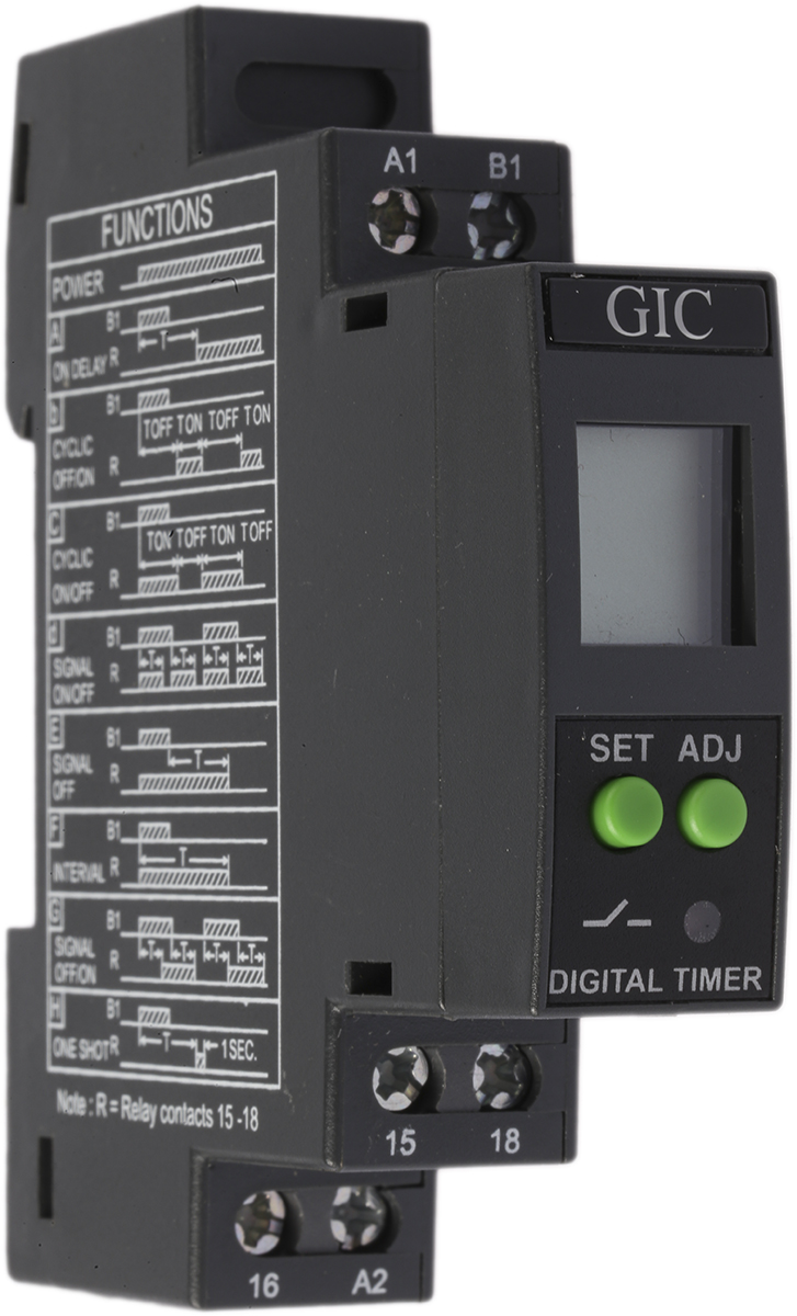 GIC DIN Rail Mount Timer Relay, 24 → 240V ac/dc, 1-Contact, 0.1 s → 999h, SPDT