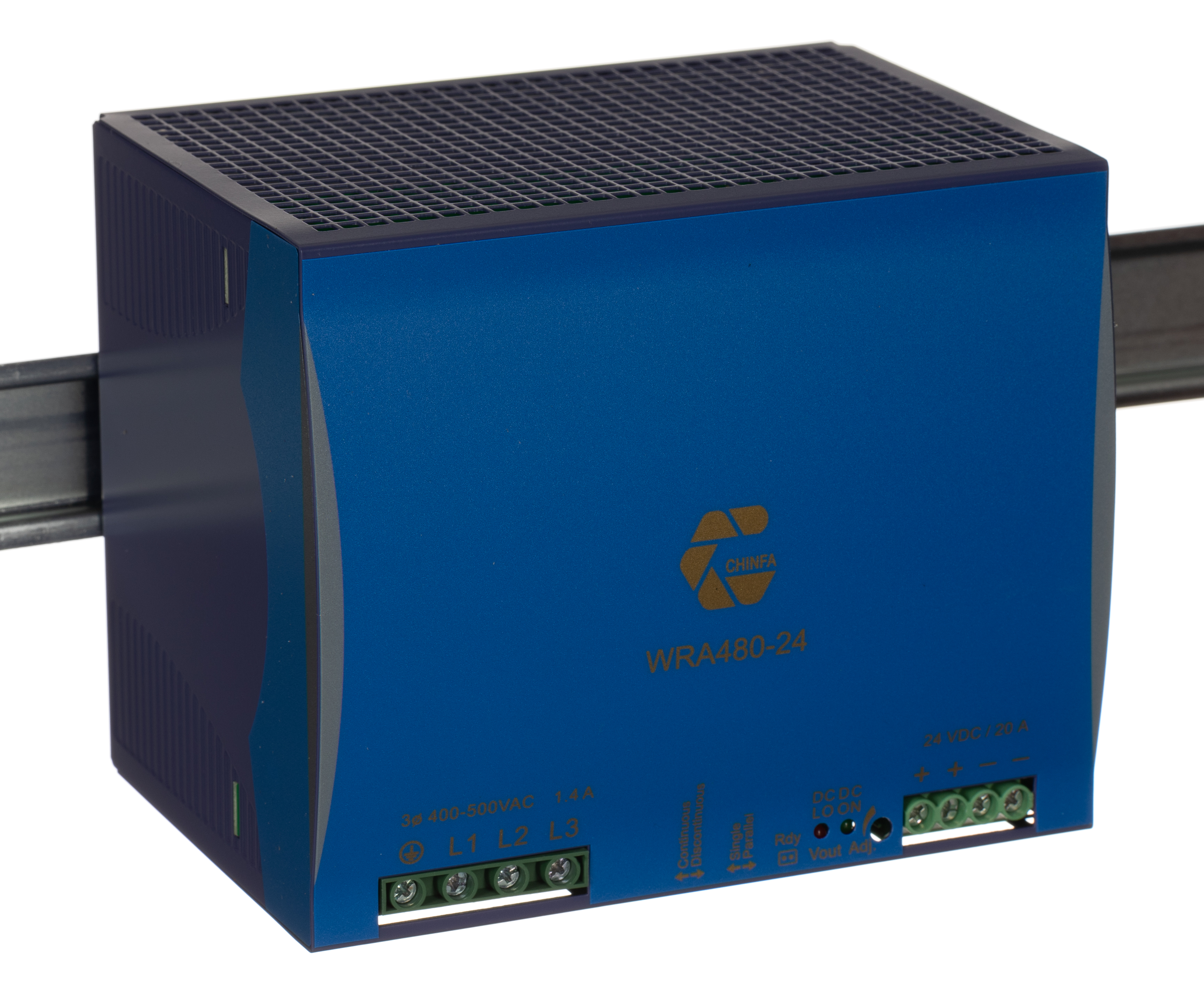 Chinfa WRA 480 Switched Mode DIN Rail Power Supply, 400V ac ac Input, 24V dc dc Output, 20A Output, 480W