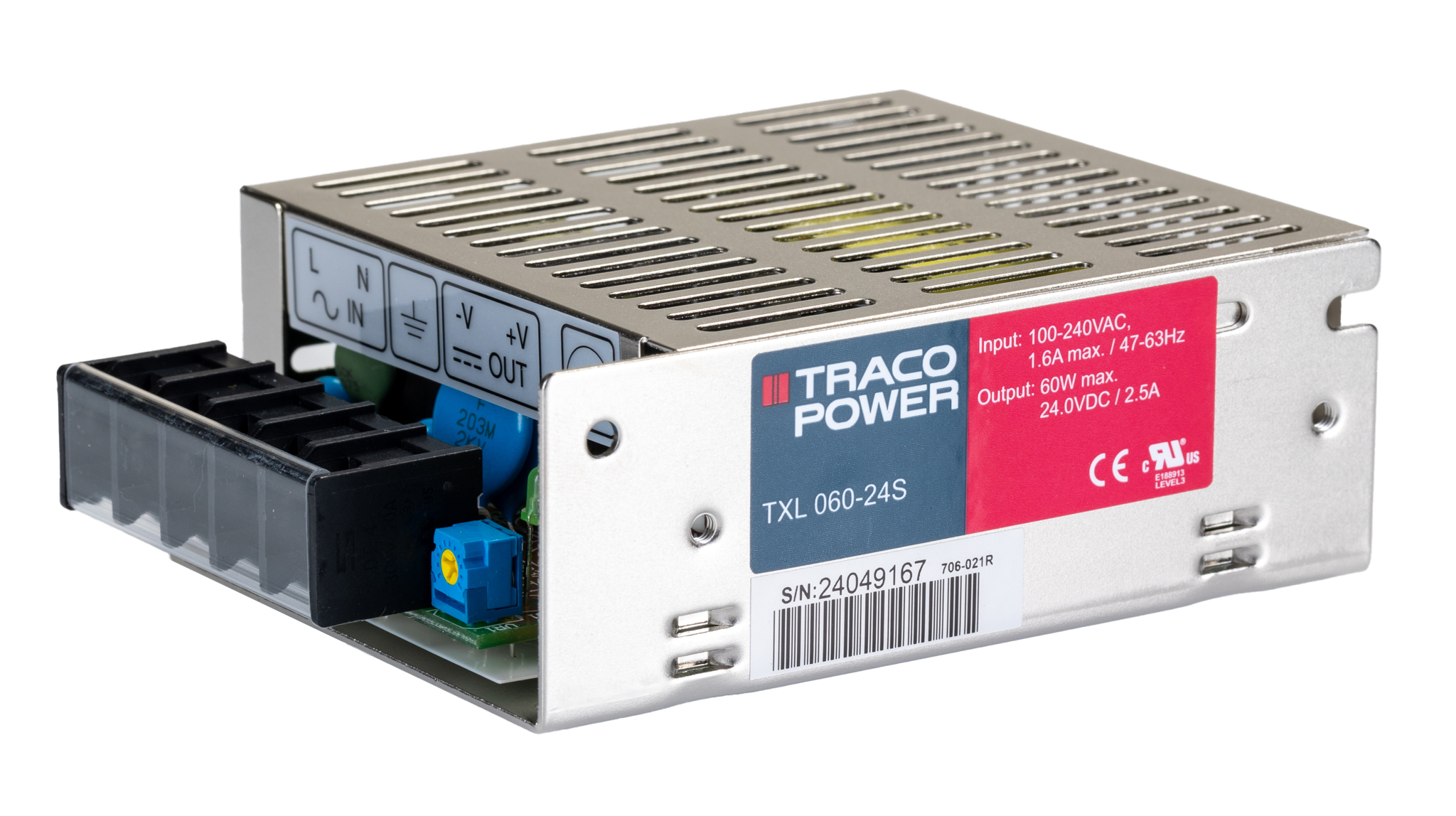 TRACOPOWER Switching Power Supply, TXL 060-24S, 24V dc, 2.5A, 60W, 1 Output, 88 → 264V ac Input Voltage