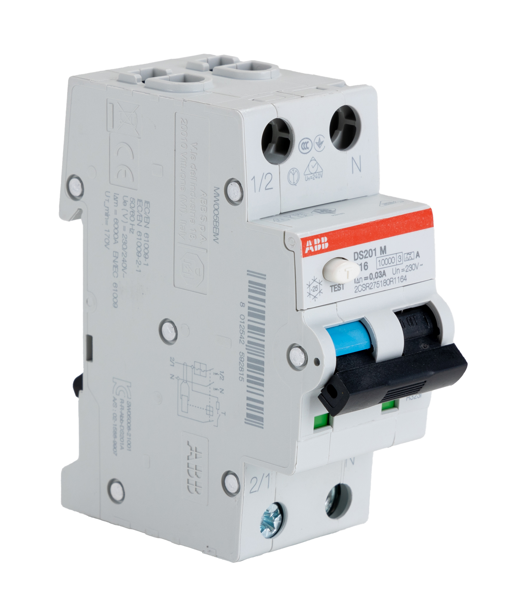 ABB RCBO, 16A Current Rating, 2P Poles, 30mA Trip Sensitivity, Type C, System Pro M Compact Range