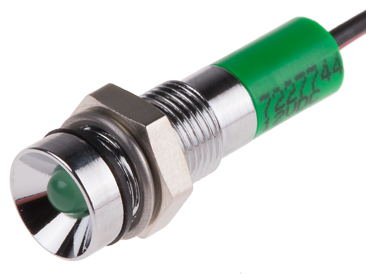 RS PRO Green Panel Mount Indicator, 12V dc, 6mm Mounting Hole Size, Lead Wires Termination, IP67