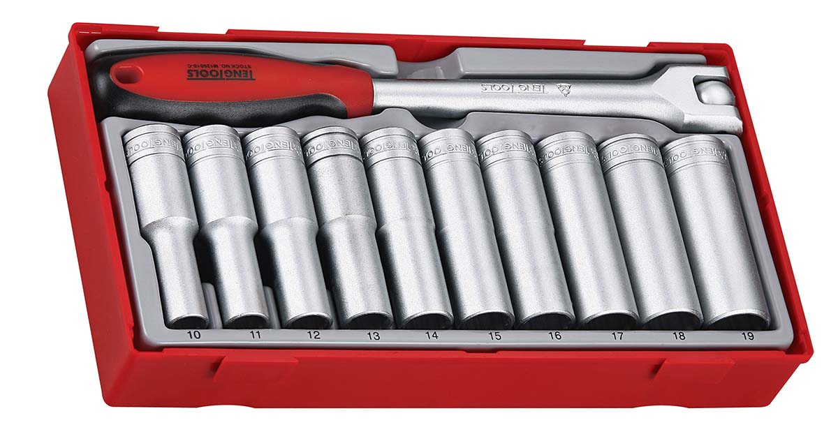 Teng Tools 11-Piece Metric 1/2 in Deep Socket Set with Ratchet, 12 point