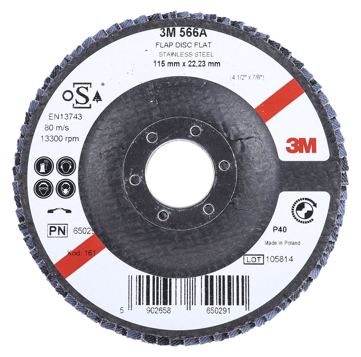 3M 566A Zirconia Aluminium Flap Disc, 115mm, Coarse Grade, P40 Grit