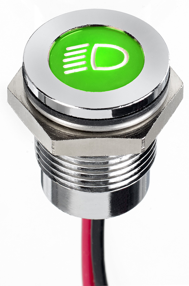 APEM Green Car Indicator Lamp, 12V dc, 14mm Mounting Hole Size, Lead Wires Termination, IP67