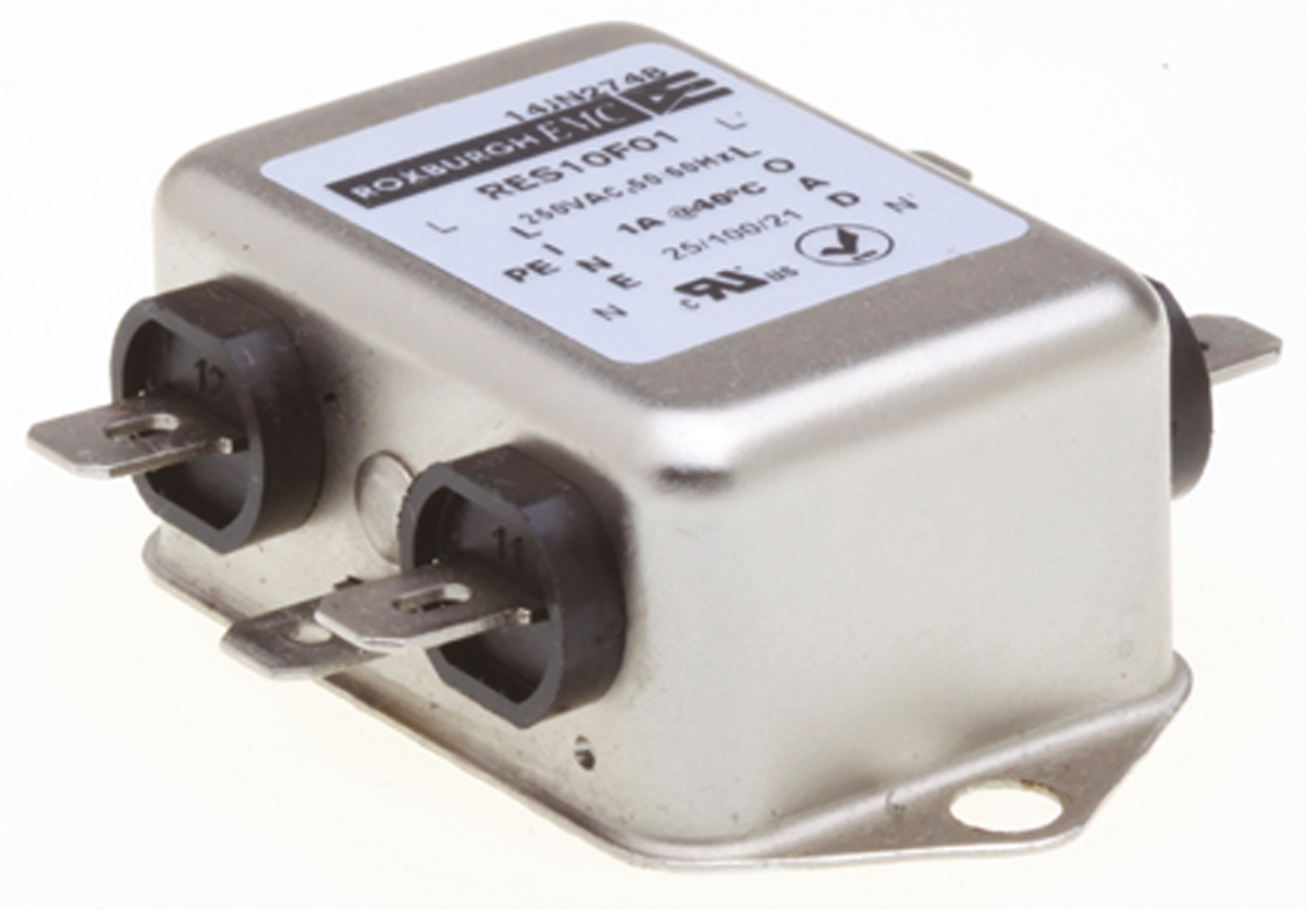 Roxburgh EMC, RES10 1A 250 V ac DC → 400Hz, Chassis Mount RFI Filter, Fast-On, Single Phase