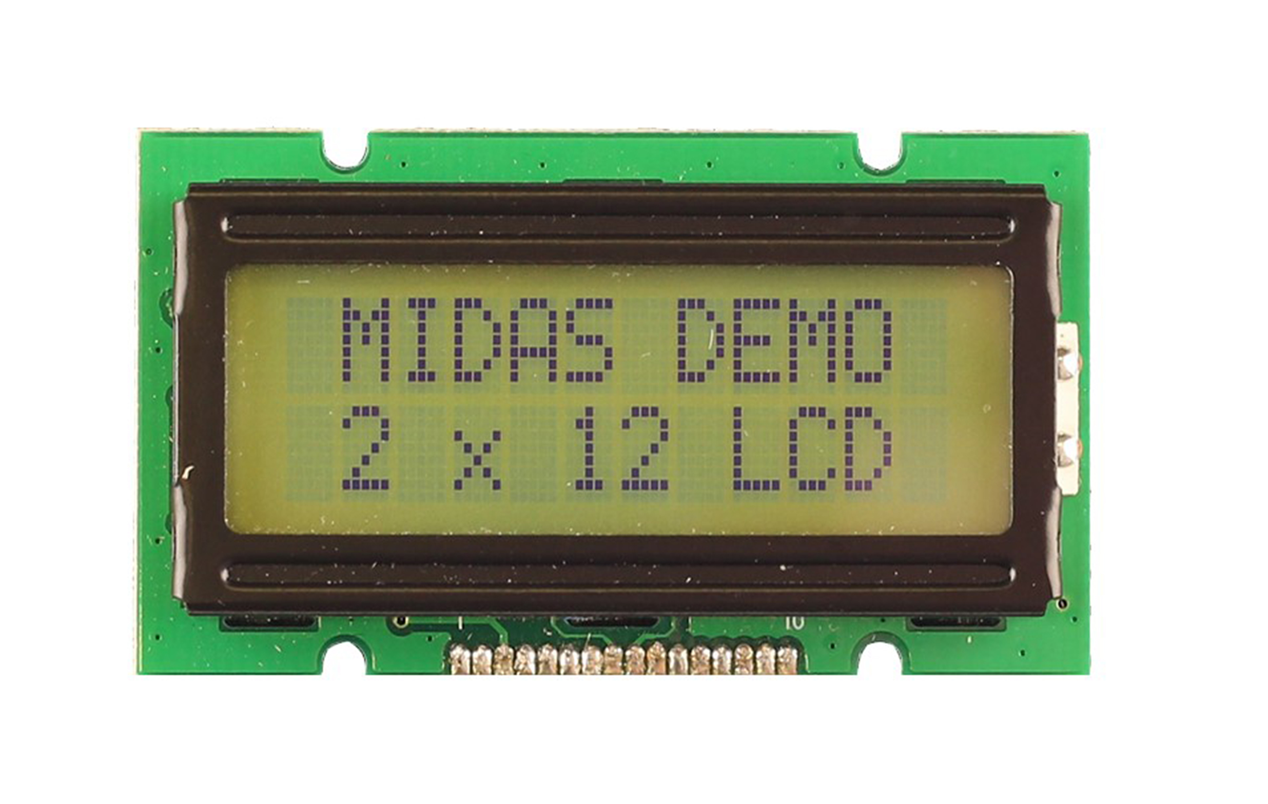 Midas MC21205A6W1-SPTLY Alphanumeric LCD Display, Black on Yellow/Green, 2 Rows by 12 Characters, Transflective