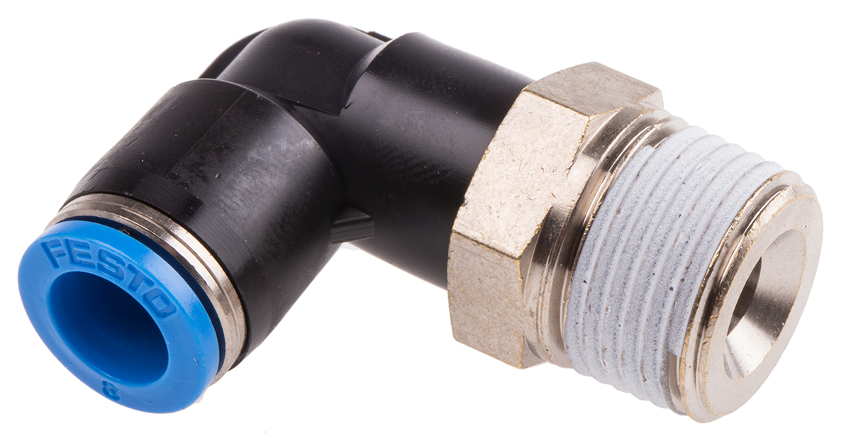 Festo QS Series Elbow Threaded Adaptor, R 3/8 Male to Push In 8 mm, Threaded-to-Tube Connection Style, 153050