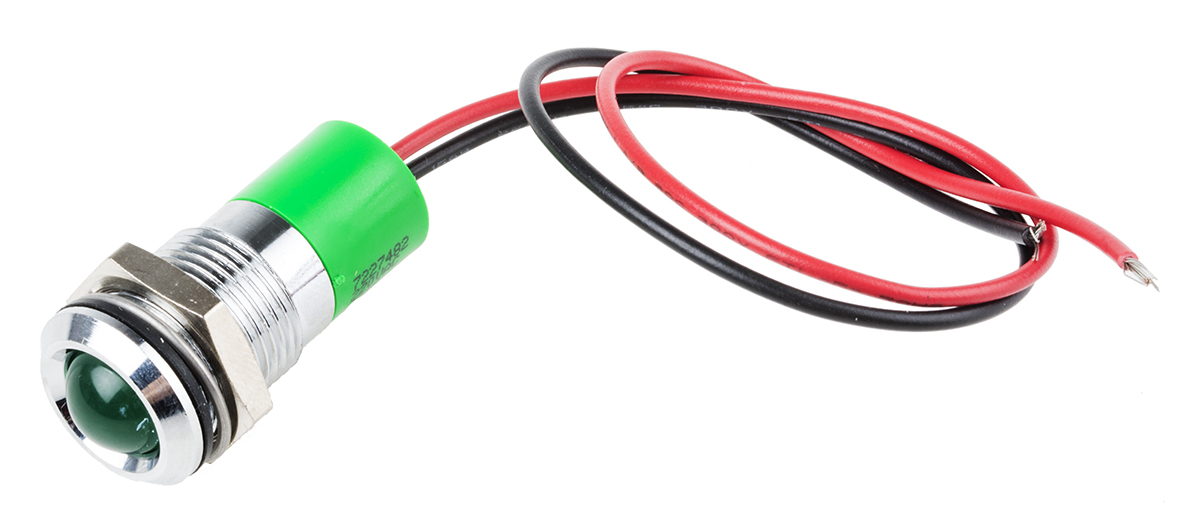 RS PRO Green Panel Mount Indicator, 220V ac, 14mm Mounting Hole Size, Lead Wires Termination, IP67