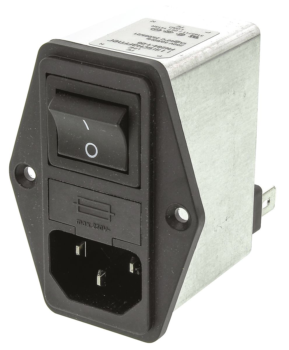 Schaffner 1A, 250 V ac Male Panel Mount IEC Filter 2 Pole FN284-1-06, Faston 2 Fuse