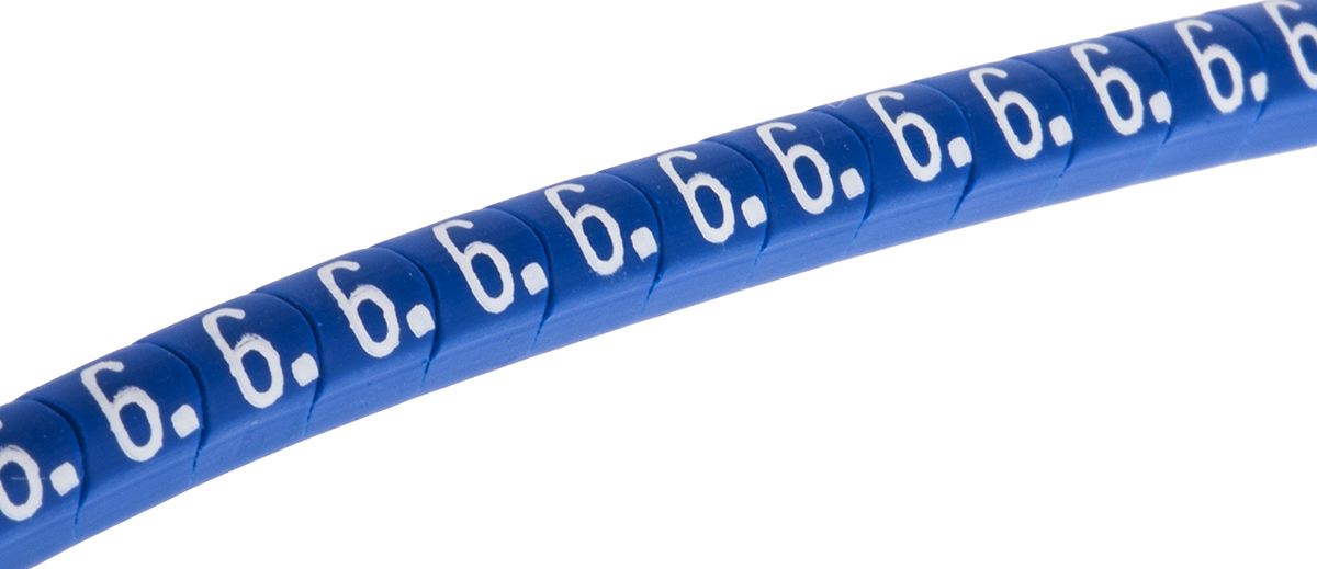 HellermannTyton Helagrip Slide On Cable Markers, White on Blue, Pre-printed "6", 1 → 3mm Cable, 901-10273